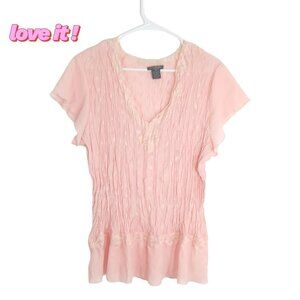 Sunny Taylor Women's Pink Crinkle Blouse 1X Lace Trim Short Sleeve